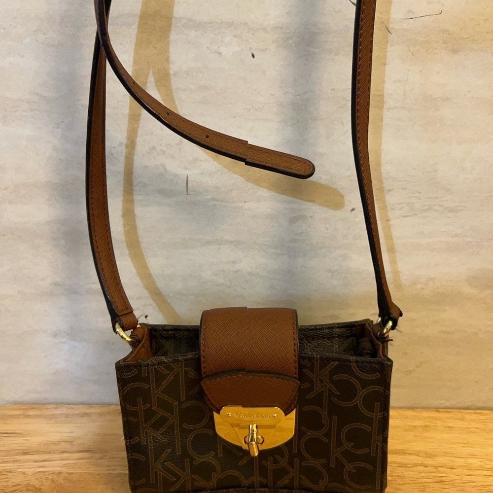 Calvin Klein Monogram Brown Crossbody Bag Monogrammed Gold Turn Lock